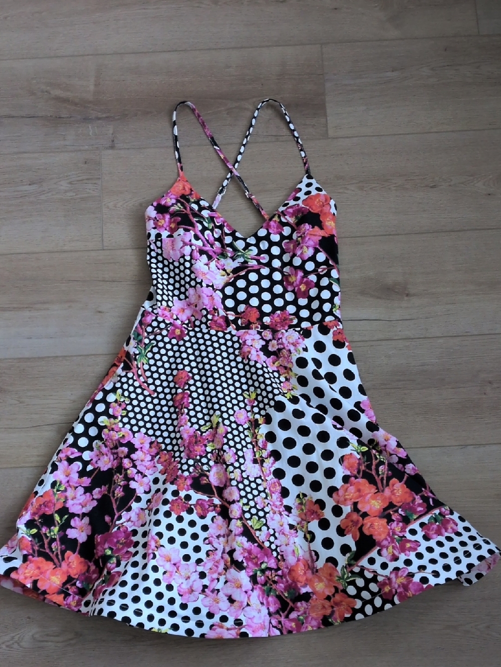 Lulumari Black & White Polka Dot Floral Strapless Dress